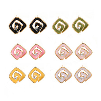 Brass Micro Pave Clear Cubic Zirconia Stud Earring Findings with Enamel, Nickel Free, Rhombus with Hole, Mixed Color, Real 18K Gold Plated, 15x15.5mm, Hole: 1mm, Pin: 0.7mm