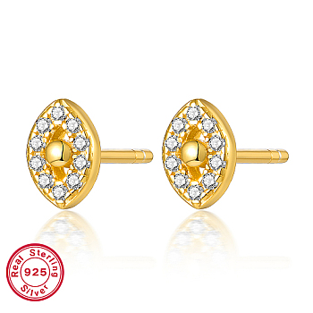 925 Sterling Silver Rhinestone Stud Earrings, Real 18K Gold Plated, with with S925 Stamp, Evil Eye, 6x4mm