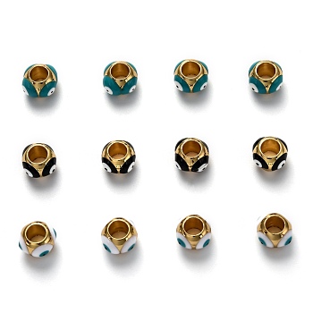 Brass European Enamel Beads, Long-Lasting Plated, Real 18K Gold Plated, Large Hole Beads, Round with Evil Eye, Mixed Color, 9x8.5x6mm, Hole: 4mm