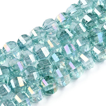 Transparent Electroplate Glass Beads Strands, AB Color Plated, Faceted, Round, Light Sea Green, 8x7mm, Hole: 2mm, about 60pcs/strand, 14.96 inch(38cm)
