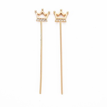 Brass Pins, Nickel Free, Crown, Real 18K Gold Plated, 43mm, crown: 7.5x6.5x2mm, pin: 0.7mm