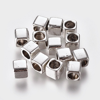 Tibetan Style Alloy European Beads, Large Hole Beads, Cube, Cadmium Free & Nickel Free & Lead Free, Antique Silver, 6x6x6mm, Hole: 4mm