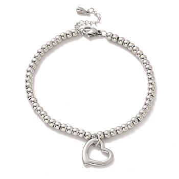 304 Stainless Steel Heart Charm Bracelet with 201 Stainless Steel Round Beads for Women, Stainless Steel Color, 8-3/4 inch(22.2cm)