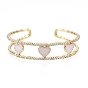 Enamel Heart Open Cuff Bangle with Clear Cubic Zirconia, Real 18K Gold Plated Brass Jewelry for Women, Creamy White, Inner Diameter: 2-1/4 inch(5.8cm)