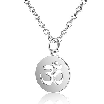 201 Stainless Steel Pendants Necklaces, Flat Round with Om Symbol, Stainless Steel Color, 16.3 inch(40cm)x1mm