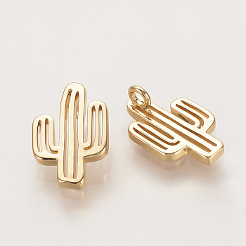 Brass Charms, Nickel Free, Real 18K Gold Plated, Cactus, 14x9x2mm, Hole: 2mm