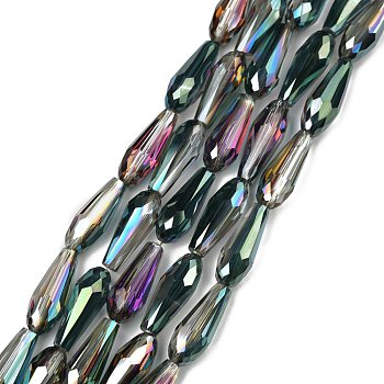 Electroplate Glass Beads Strands, Half Plated, Faceted, Teardrop, Rainbow Plated, 15x6mm, Hole: 1mm, about 50pcs/strand, 28.3 inch(72cm)