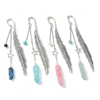 4Pcs 4 Style Electroplated Natural Quartz Crystal Pendant Bookmark with Gemstone Round Bead, Tibetan Style Alloy Feather & Star Bookmarks, Mixed Color, 118~135mm, 1pc/style