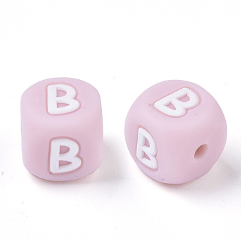 Food Grade Eco-Friendly Silicone Beads, Horizontal Hole, Chewing Beads For Teethers, DIY Nursing Necklaces Making, Letter Style, Cube, Pink, Letter.B, 10x10x10mm, Hole: 2mm