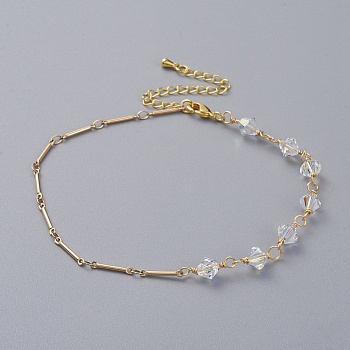 Bicone Austrian Crystal Anklets, with Real 18K Gold Plated Brass Bar Link Chains, Brass Chain Extender and Lobster Claw Clasps, Clear AB, 8-5/8 inch(22cm)