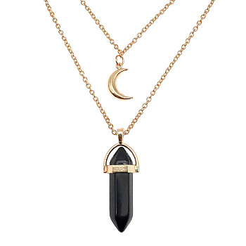 Natural Black Agate Cone Pendant Double Layer Necklace, with Moon Charms, 19.69 inch(50cm)