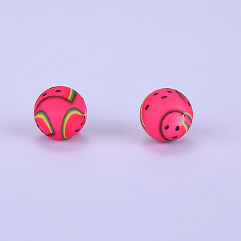 Printed Round with Watermelon Pattern Silicone Focal Beads, Medium Violet Red, 15x15mm, Hole: 2mm
