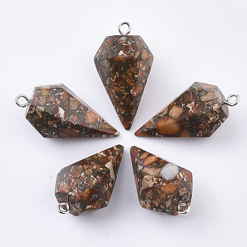 Synthetic Gold Line Regalite/Imperial Jasper/Sea Sediment Jasper Pointed Pendants, with Platinum Plated Iron Findings, Dyed, Cone Pendulum, Orange, 43~44x23.5x20~21.5mm, Hole: 3mm
