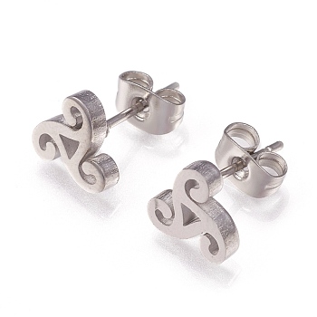304 Stainless Steel Stud Earrings, with Ear Nuts, Triangle, Stainless Steel Color, 9x8x2mm, Pin: 0.8mm, 12pairs/card