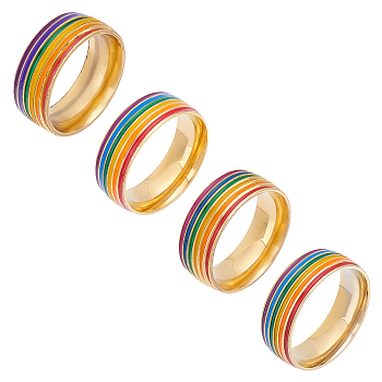 Unicraftale 4Pcs 4 Style Pride Finger Rings, Colorful Stripe Titanium Steel Wide Band Ring for Women, Golden, US Size 6 1/2(16.9mm)~ US Size 10 1/4(19.9mm), 1Pc/style