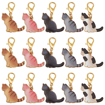 25Pcs 5 Styles Alloy Enamel Pendants Decoration, with Alloy Lobster Claw Clasps, Cat Shape, Golden, 27mm, 5pcs/style