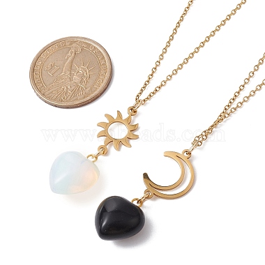 2Pcs 2 Style Opalite & Natural Obsidian Heart Pendant Necklaces Set(NJEW-JN04484)-3