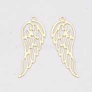 Brass Pendants, Etched Metal Embellishments, Long-Lasting Plated, Wing, Light Gold, 31.5x11x0.3mm, Hole: 1.2mm(KKC-S001-022KC)