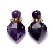 Natural Amethyst Perfume Bottle Pendants, with Golden Brass Findings, Faceted, Rhombus, 27mm, Hole: 1.4mm(G-D058-11G-07)