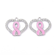 Enamel Alloy Pendants, with Crystal Rhinestone, Heart, with October Breast Cancer Pink Awareness Ribbon, Platinum, 21.5x25x2mm, Hole: 2mm(ENAM-G192-01P)