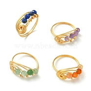 4Pcs 4 Style Natural Mixed Gemstone Round Beaded Finger Rings, Copper Wire Wrapped Vortex Ring, Light Gold, US Size 8 1/2(18.5mm), 1Pc/style(RJEW-TA00103)