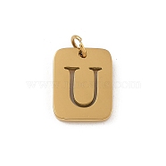 304 Stainless Steel Charms, with Jump Ring, Golden, Rectangle with Letter Charm, Letter U, 12.5x9.5x1.5mm, Hole: 3mm(STAS-R001-01G-U)