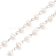 Handmade Natural Freshwater Pearl Beaded Chains, with 304 Stainless Steel Findings, Unwelded, Stainless Steel Color, 6~8x5~6mm, about 3.28 Feet(1m)/Strand(AJEW-JB01088-02)
