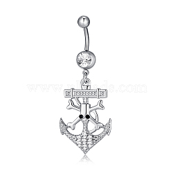 Piercing Jewelry, Brass Cubic Zirconia Navel Ring, Belly Rings, with 304 Stainless Steel Bar, Lead Free & Cadmium Free, Anchor, Clear, Platinum, 56x21mm, Bar Length: 3/8"(10mm), Bar: 14 Gauge(1.6mm)(AJEW-EE0002-09P)