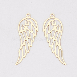 Brass Pendants, Etched Metal Embellishments, Long-Lasting Plated, Wing, Light Gold, 31.5x11x0.3mm, Hole: 1.2mm(KKC-S001-022KC)