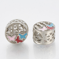 Alloy Rhinestone European Beads, with Enamel, Large Hole Beads, Hollow, Column with Butterfly, Colorful, Crystal, Platinum, 10.5x11x8.5mm, Hole: 5mm(MPDL-Q209-060P)