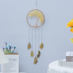 Tree of Life Natural Citrine & Agate Woven Net Suncatchers, Chakra Theme Hanging Pendant Decorations with Glass Beaded, 660mm(PW-WG17811-05)