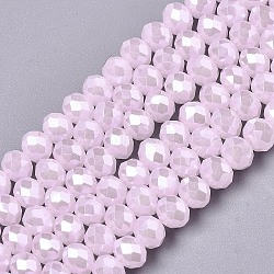 Electroplate Glass Beads Strands, Imitation Jade Beads, Pearl Luster Plated, Faceted, Rondelle, Pink, 4x3mm, Hole: 0.4mm, about 123~127pcs/strand, 16.5~17.3 inch(42~44cm)(EGLA-A034-J4mm-A09)
