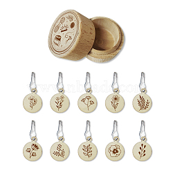 20Pcs 10 Style Round Wood Locking Stitch Markers, with Gourd Safety Pins & 2Pcs Storage Box, Leaf, Box: 5.5cm, Marker: 20mm(TOOL-WH0057-005)