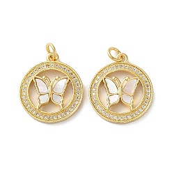 Brass Micro Pave Clear Cubic Zirconia Pendants, with Shell and Jump Ring, Real 18K Gold Plated, Butterfly, 20.5x17.5x3.5mm, Hole: 3mm(KK-B083-37C-G)