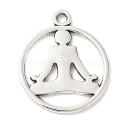 Tibetan Style Alloy Pendants, Cadmium Free & Lead Free, Flat Round with Yoga, Antique Silver, 23.5x20x1.5mm, Hole: 2mm, about 605pcs/1000g(TIBEP-R304-033AS-LF)