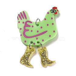 Opaque Printed Acrylic Big Pendants, with Platinum Iron Jump Ring, Hen with Glitter Boots Charms, Light Green, 51.5x34.5x2mm, Hole: 5mm(SACR-L004-07P-02)