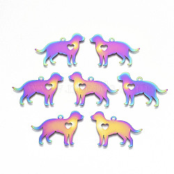 Ion Plating(IP) 201 Stainless Steel Pet Pendants, Etched Metal Embellishments, Dog with Heart, Rainbow Color, 25x35x0.3mm, Hole: 1.8mm(STAS-R114-025)