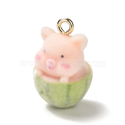 Flocky Opaque Resin Pendants, Cut Pet Charms with Golden Plated Metal Loops, Pig, 21x13x12.5mm, Hole: 2mm(FIND-C040-03A)