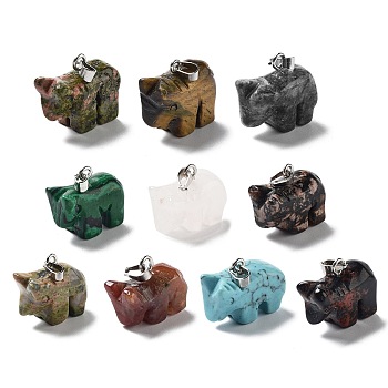 Natural & Synthetic Mixed Gemstone Pendants, Hippo Charms with Platinum Plated Metal Snap on Bails, Mixed Dyed and Undyed, 18.5~19.5x21~22x10mm, Hole: 3.5x6.5mm