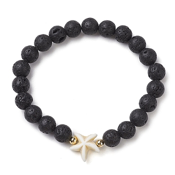Round Natural Lava Rock Beaded Stretch Bracelets, Summer Beach Starfish Synthetic Turquoise Bracelets for Women Men, Inner Diameter: 2-1/8 inch(5.5cm), Beads: 7.5~8.5mm