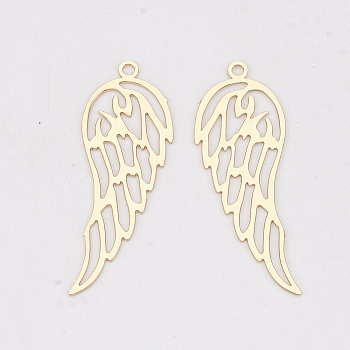 Brass Pendants, Etched Metal Embellishments, Long-Lasting Plated, Wing, Light Gold, 31.5x11x0.3mm, Hole: 1.2mm