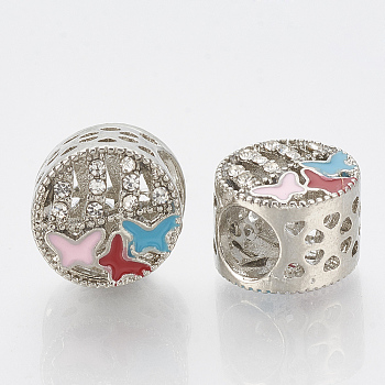 Alloy Rhinestone European Beads, with Enamel, Large Hole Beads, Hollow, Column with Butterfly, Colorful, Crystal, Platinum, 10.5x11x8.5mm, Hole: 5mm