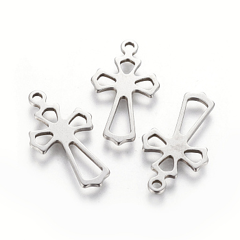 201 Stainless Steel Pendants, Cut-Out, Cross, Hollow, Stainless Steel Color, 28x15x1mm, Hole: 2mm
