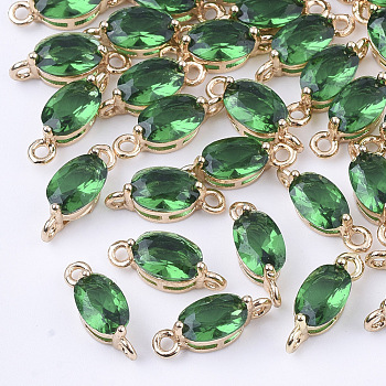 Transparent Glass Links connectors, with Brass Findings, Faceted, Oval, Light Gold, Sea Green, 11x4x4mm, Hole: 1mm