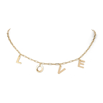 Word Love 304 Stainless Steel Charms Bib Necklaces with Brass Paperclip Chains, Real 18K Gold Plated, 15.55 inch(39.5cm)