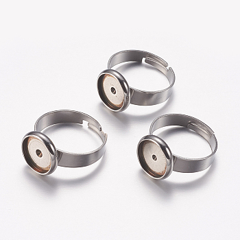 Adjustable 201 Stainless Steel Finger Rings Components, Pad Ring Base Findings, Flat Round, Stainless Steel Color, Tray: 10mm, Size 7, 17mm