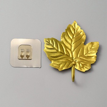 Spray Painted Iron Wall Hanging Hooks, Non Punch Wall Clothes Hanger, with Sticker, Maple Leaf, Gold, 125x109x38mm, Sticker: 59x59x0.5~9.5mm