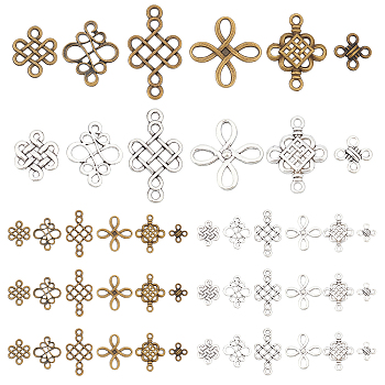 Elite 96Pcs 12 Styles Tibetan Style Alloy Connector Charms, for Jewerly Making, Mixed Shape Chinese Knot, Antique Bronze & Antique Silver, 10~31x10~23x1`3mm, Hole: 1.5~6mm, 8pcs/style