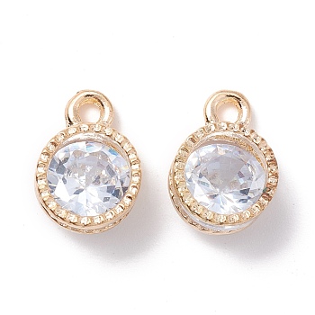 Alloy Clear Cubic Zirconia Charms, Long-Lasting Plated, Flat Round, Golden, 11x8x5mm, Hole: 1.6mm