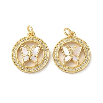 Brass Micro Pave Clear Cubic Zirconia Pendants, with Shell and Jump Ring, Real 18K Gold Plated, Butterfly, 20.5x17.5x3.5mm, Hole: 3mm
